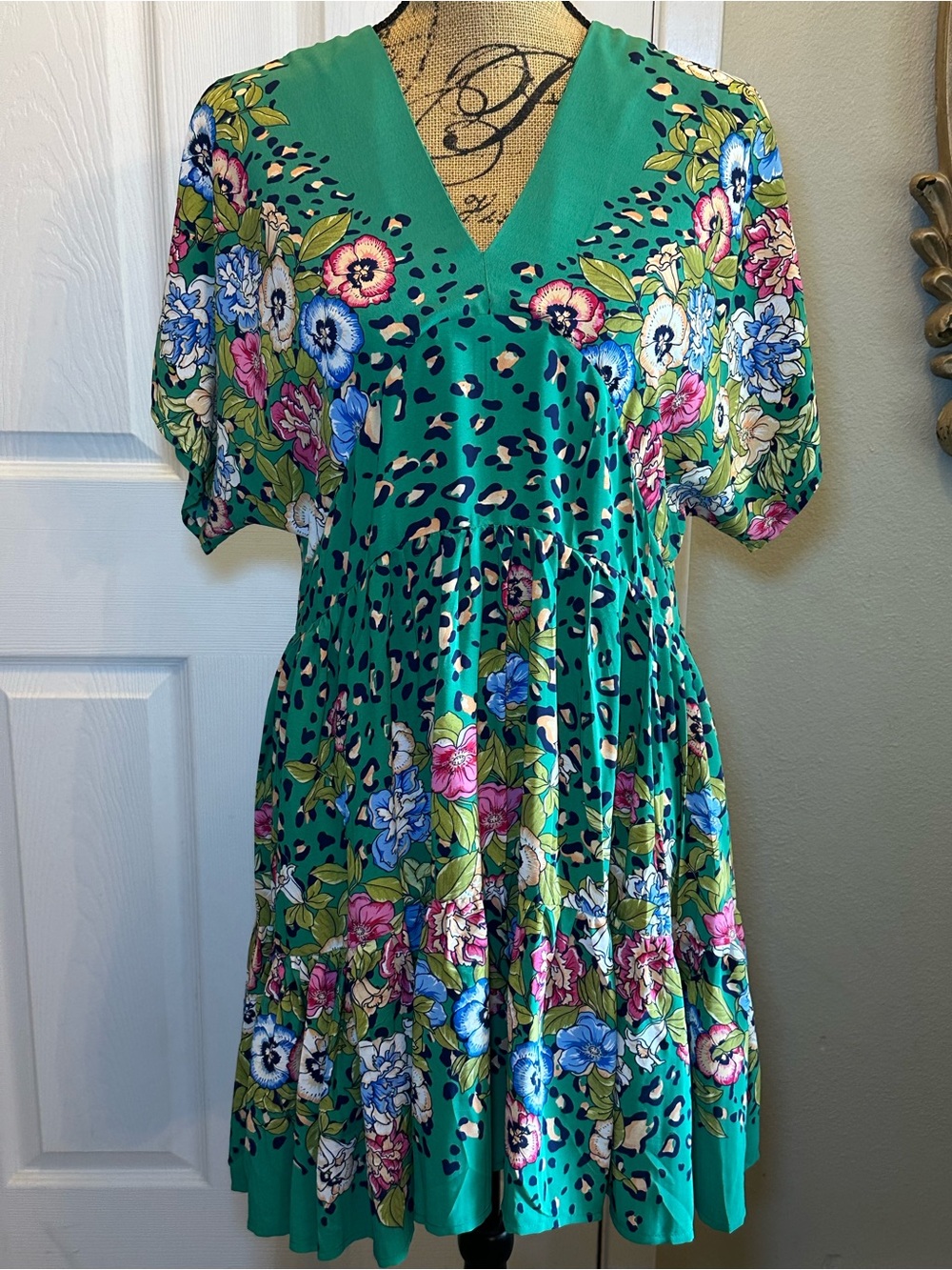 Umgee Teal Floral & Leopard Print V-Neck Mini Dress